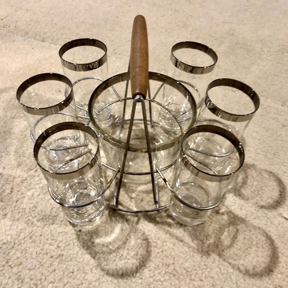 Vintage MCM Glass Dorothy Thorpe bar ware Set with Wooden Handle glasses/bucket